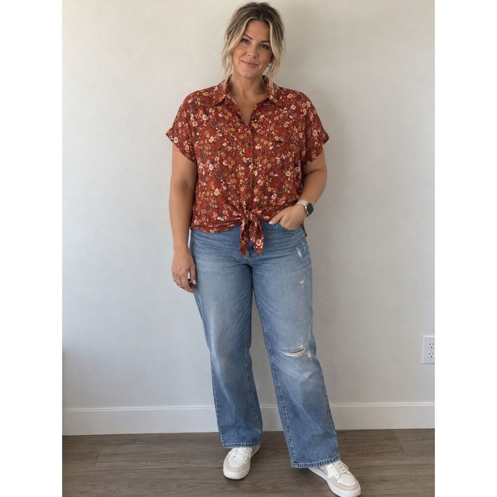 Neon Soul Floral Tie Front Button Up Blouse Rust Rayon Plus Size 1X Boho